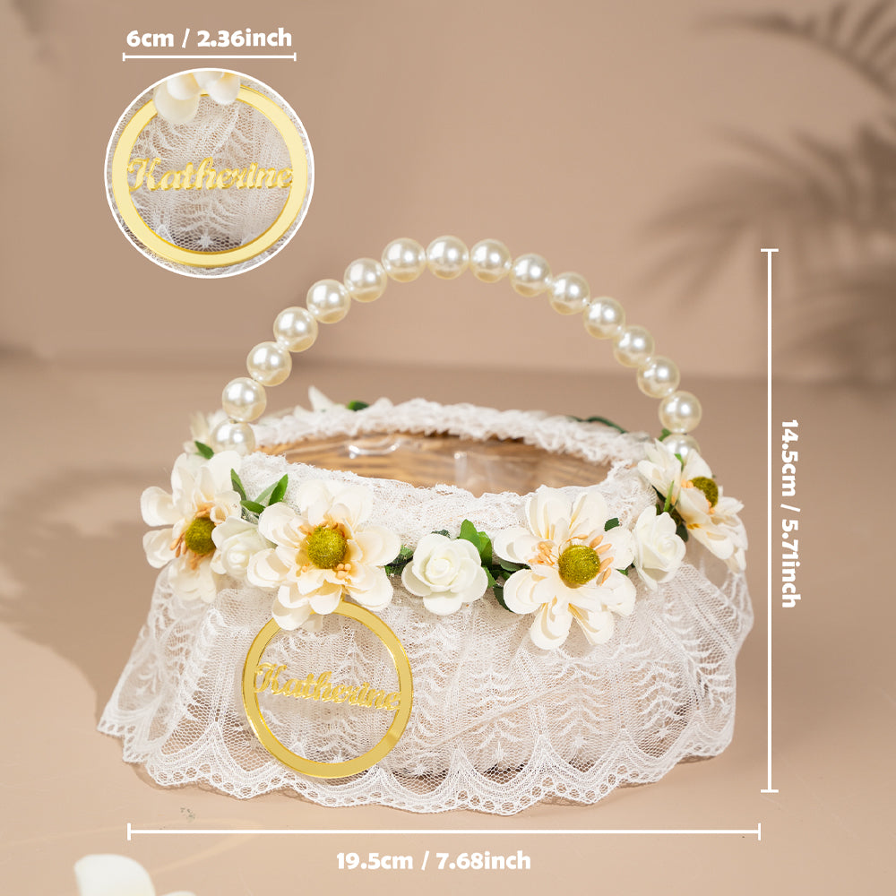 Cestino Porta Bomboniere Confetti Comunione Fiori Flower Girl Rattan Personalizzato Nome Manico di Perle e Fiori Segnatavolo Segnaposto