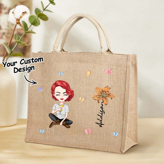 Borsa Juta Personalizzata Tote Bag con Fiori di Nascita mamma