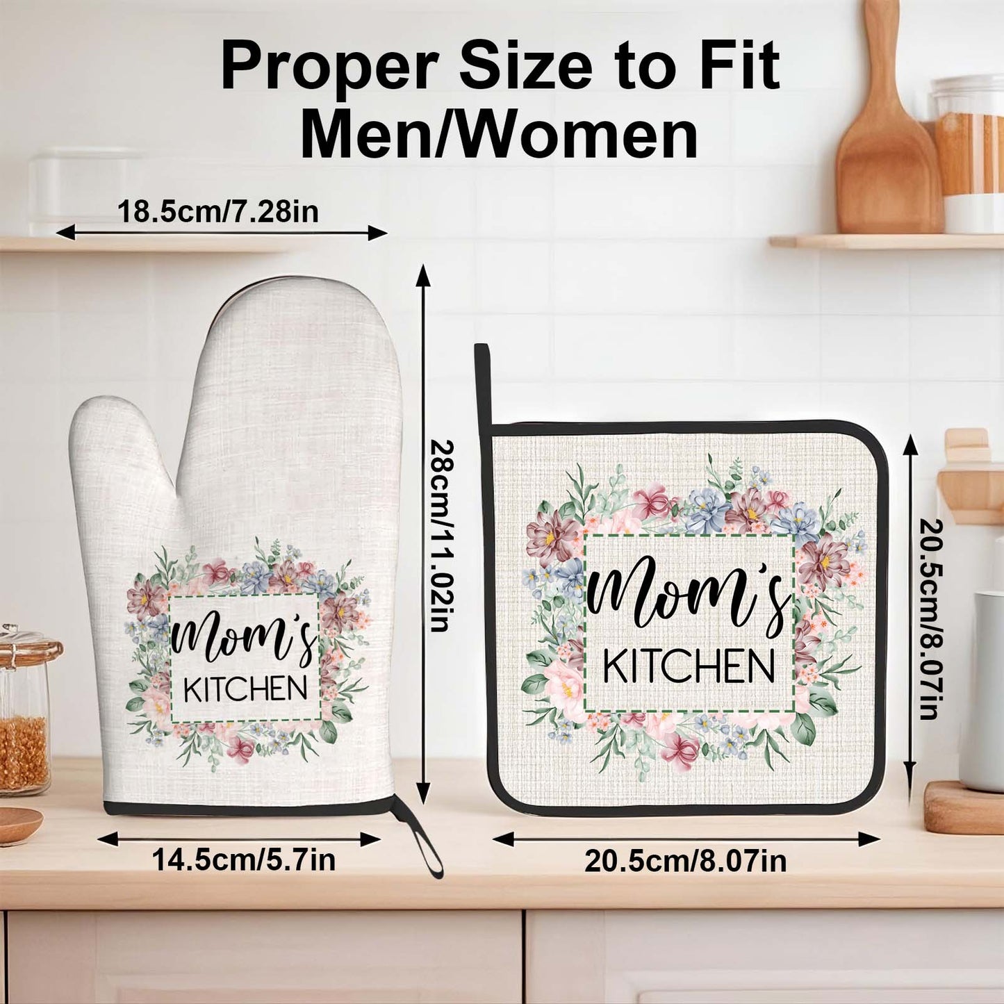 Set personalizzato di guanto da forno e presina isolanti con motivo floreale e testo – decorazione da cucina, idea regalo per la mamma