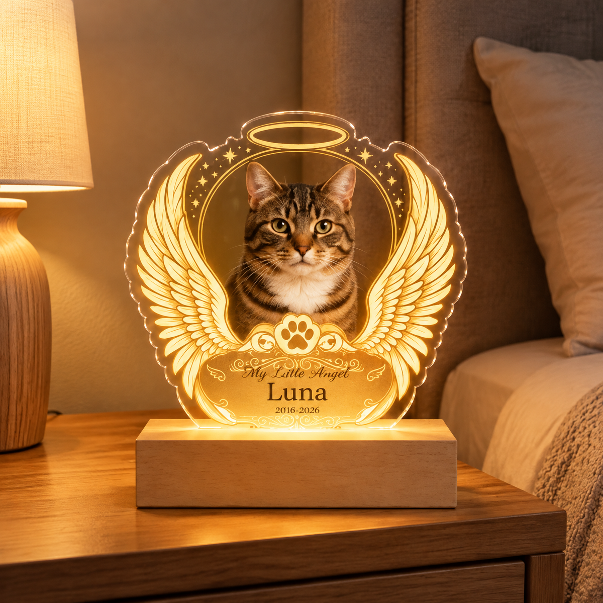Lampada LED Ricordo Cane Gatto con Ali d'Angelo Foto Acrilico Plexiglass