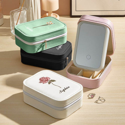 Portagioie Personalizzato con Fiore di Nascita e Specchio LED e Nome