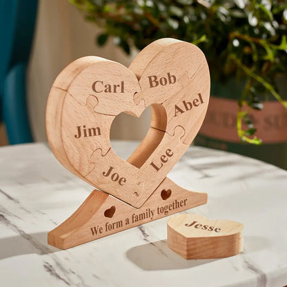 Puzzle a Cuore in Legno Personalizzato con Nomi – Decorazione Famigliare Artigianale e Unica