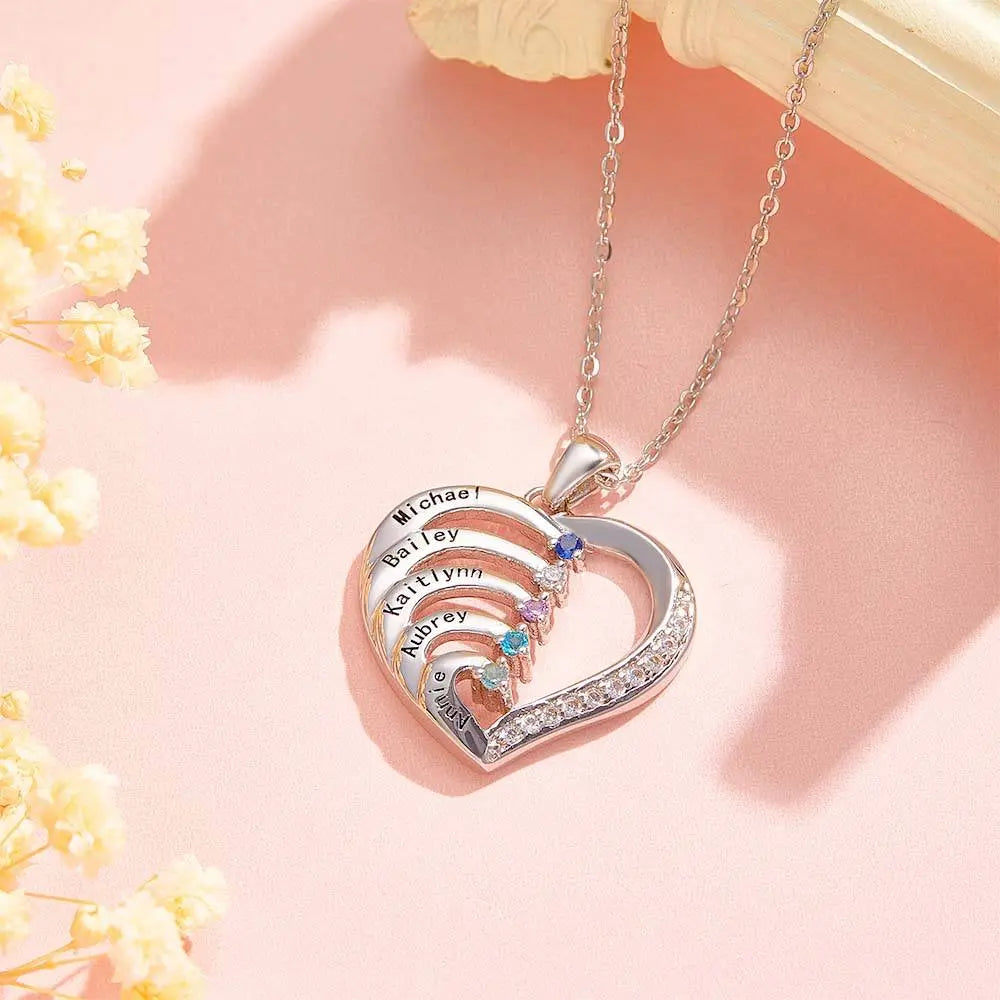Collana Cuore Personalizzata con Nomi e Pietre Nascita Regalo Mamma