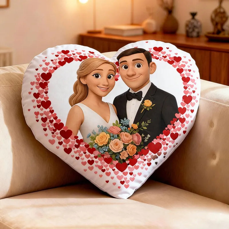 Cuscino a Cuore Personalizzato con Foto di Coppia Regalo San Valentino stile cartoon