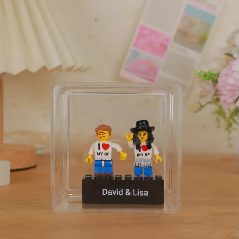 Set Minifigure Coppia Personalizzabili: Un Regalo Creativo con Base Incisa e Vetrina Espositiva papà