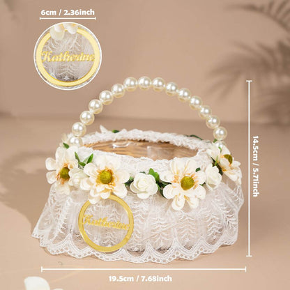 Cestino Porta Bomboniere Confetti Comunione Fiori Flower Girl Rattan Personalizzato Nome Manico di Perle e Fiori Segnatavolo Segnaposto