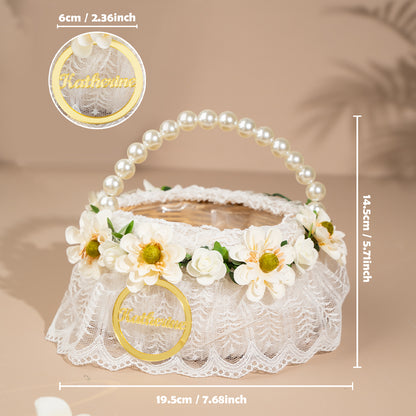 Cestino Porta Bomboniere Confetti Comunione Fiori Flower Girl Rattan Personalizzato Nome Manico di Perle e Fiori Segnatavolo Segnaposto