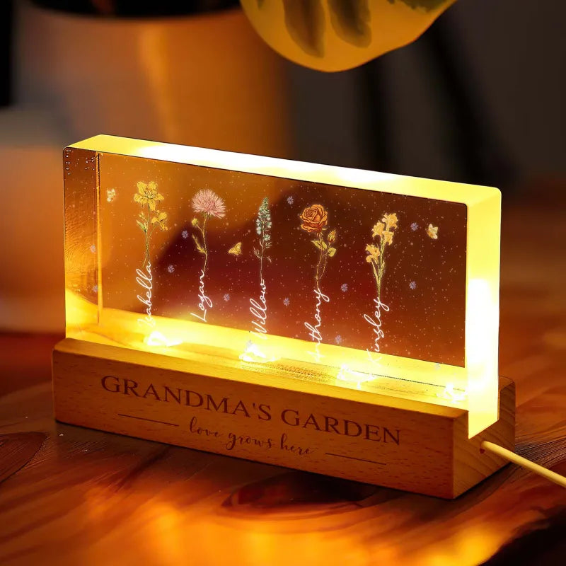 Lampada LED Giardino della Nonna con Fiori di Nascita Regalo Personalizzato