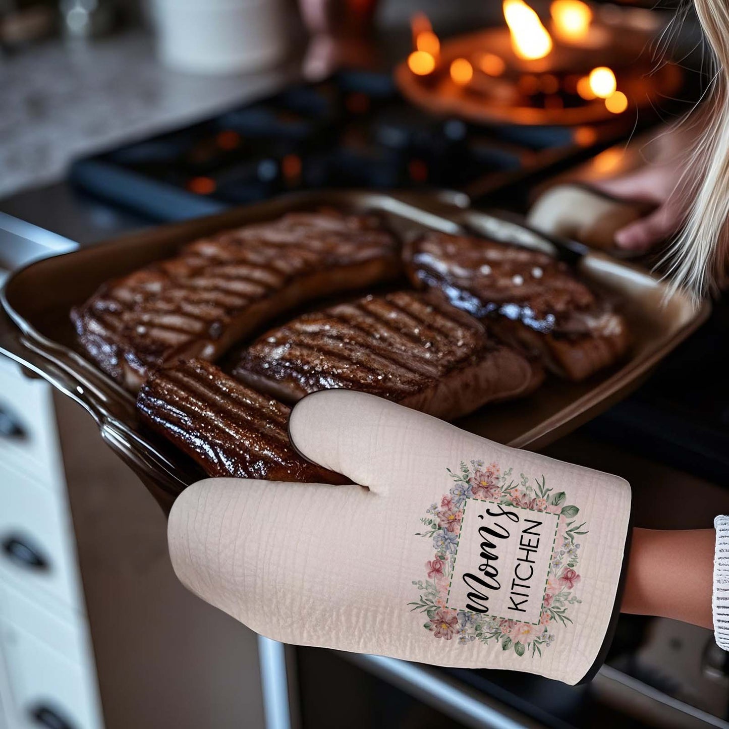 Set personalizzato di guanto da forno e presina isolanti con motivo floreale e testo – decorazione da cucina, idea regalo per la mamma