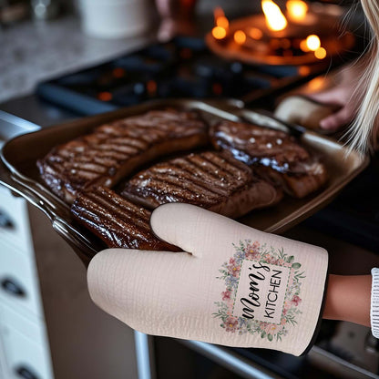 Set personalizzato di guanto da forno e presina isolanti con motivo floreale e testo – decorazione da cucina, idea regalo per la mamma