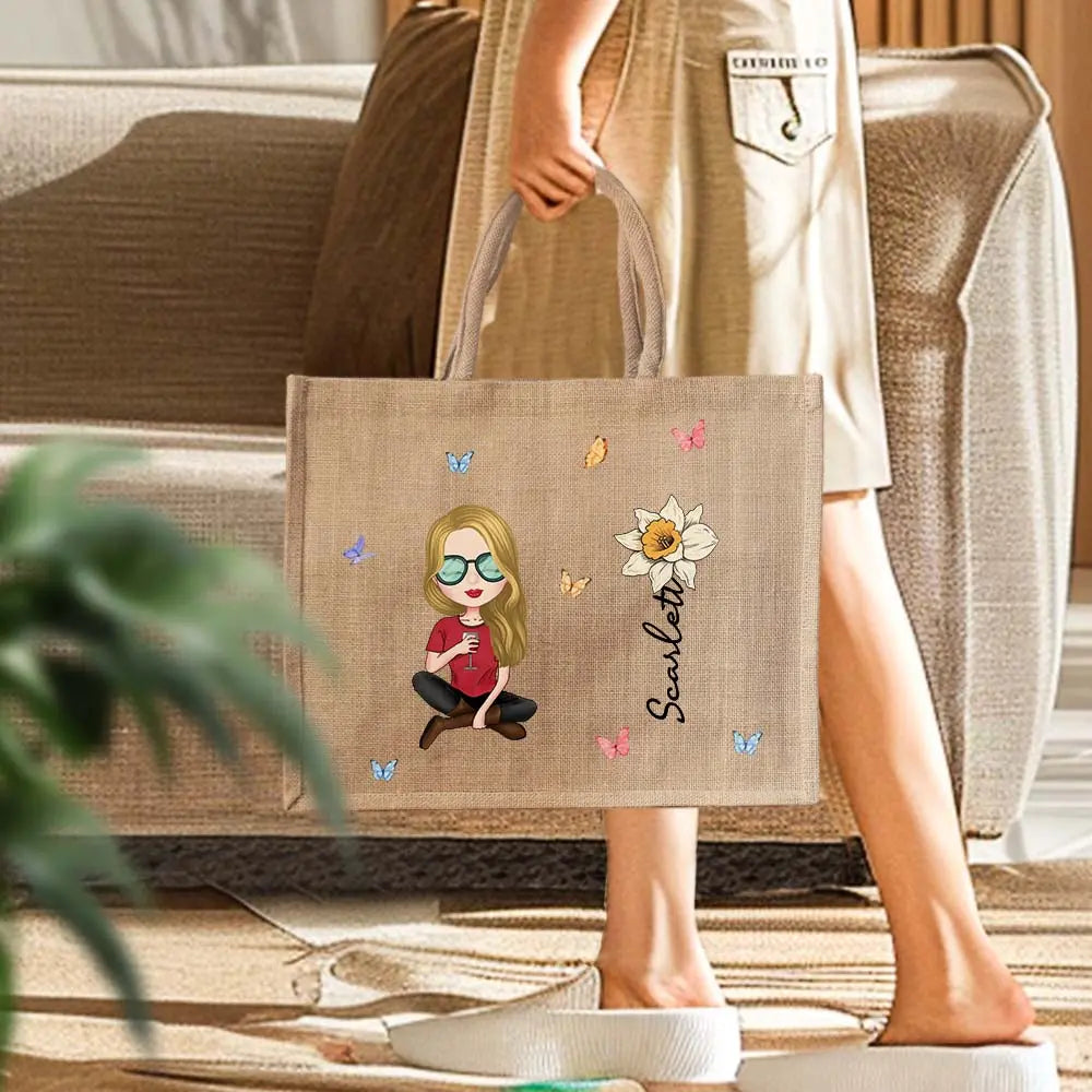 Borsa Juta Personalizzata Tote Bag con Fiori di Nascita mamma