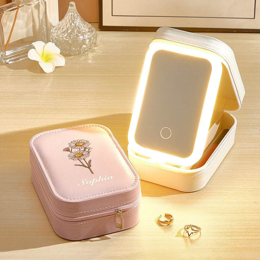 Portagioie Personalizzato con Fiore di Nascita e Specchio LED e Nome
