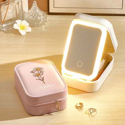 Portagioie Personalizzato con Fiore di Nascita e Specchio LED e Nome