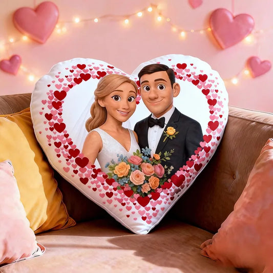 Cuscino a Cuore Personalizzato con Foto di Coppia Regalo San Valentino stile cartoon
