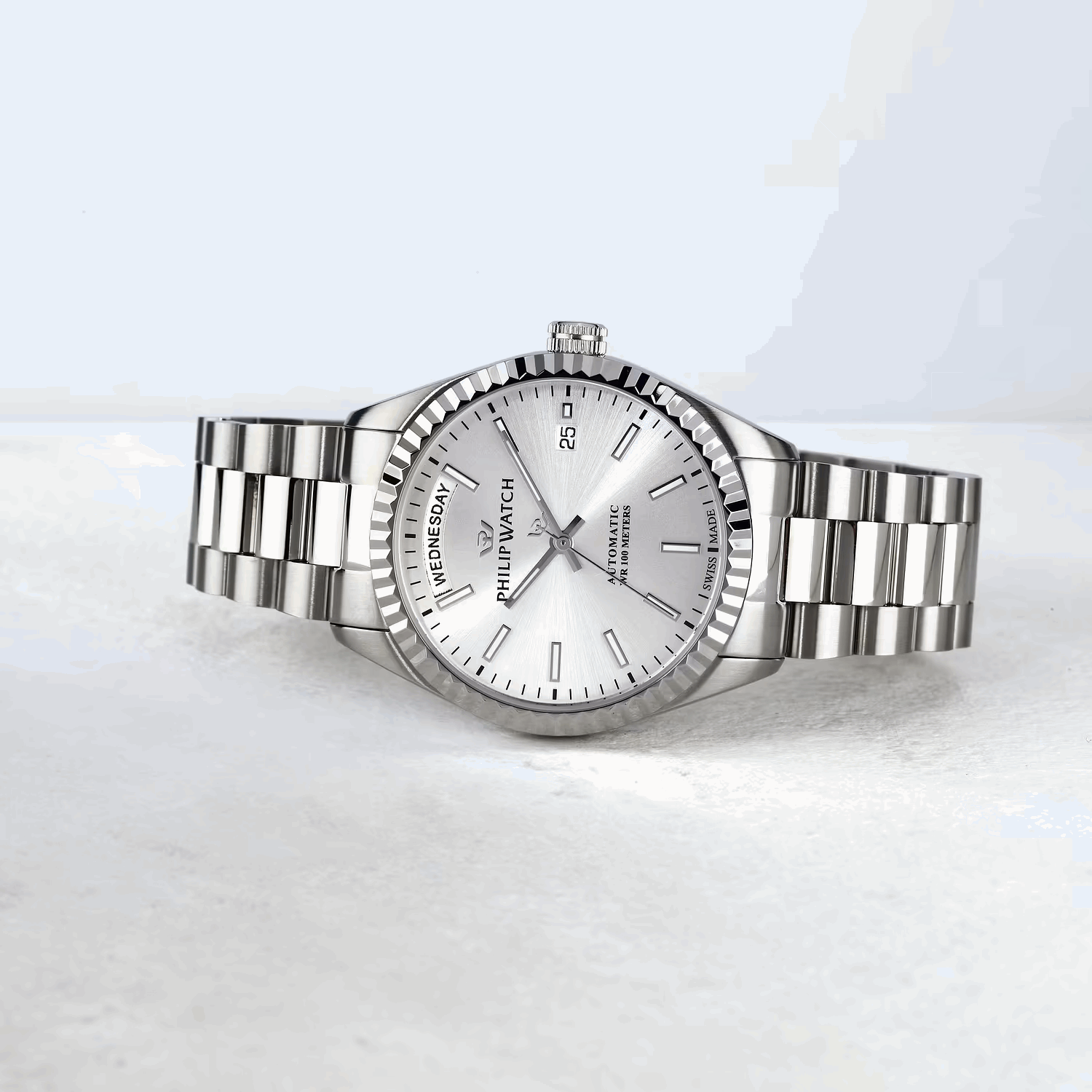 Philip Watch Caribe R8223597110 – Automatico Swiss Made Day-Date Bianco Silver 39mm Uomo