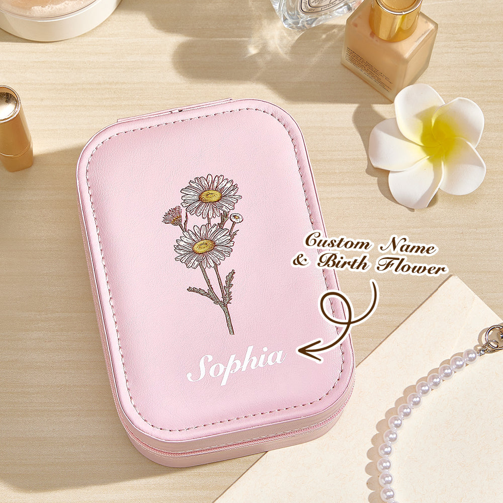 Portagioie Personalizzato con Fiore di Nascita e Specchio LED e Nome