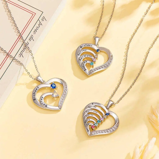 Collana Cuore Personalizzata con Nomi e Pietre Nascita Regalo Mamma