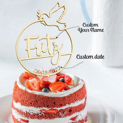 Cake Topper Personalizzato Nome Legno Colomba Comunione, Battesimo, Cresima