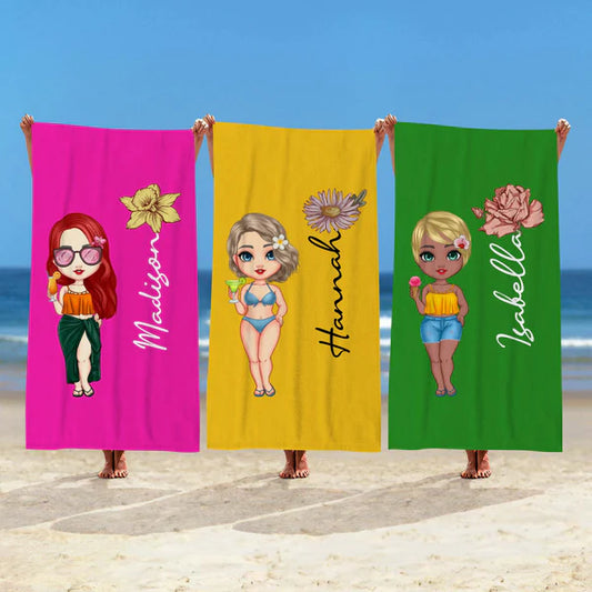 Telo Mare Personalizzato Cartoon e Fiore Nascita Nome idea regalo