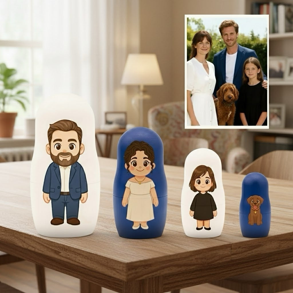 Matrioska di Famiglia Personalizzata: I Tuoi Ricordi in Stile Cartoon papà