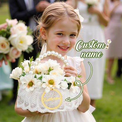 Cestino Porta Bomboniere Confetti Comunione Fiori Flower Girl Rattan Personalizzato Nome Manico di Perle e Fiori Segnatavolo Segnaposto