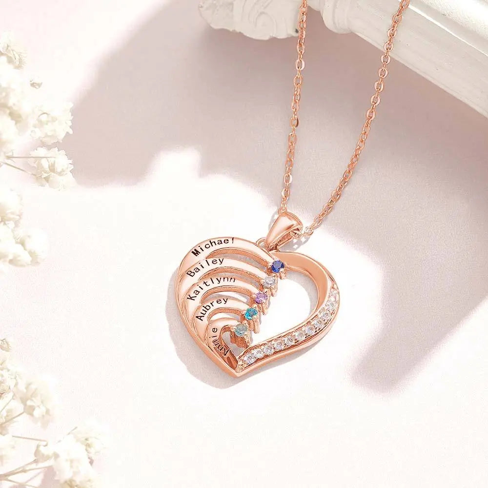 Collana Cuore Personalizzata con Nomi e Pietre Nascita Regalo Mamma