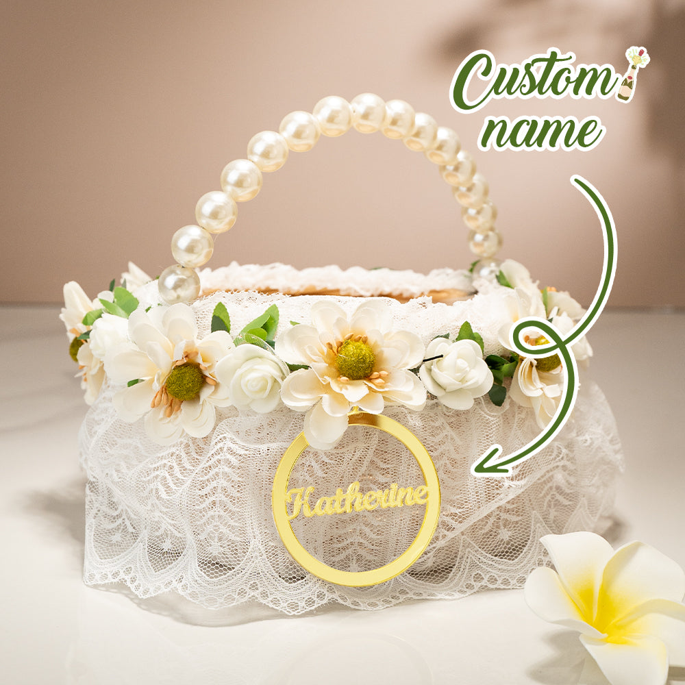 Cestino Porta Bomboniere Confetti Comunione Fiori Flower Girl Rattan Personalizzato Nome Manico di Perle e Fiori Segnatavolo Segnaposto