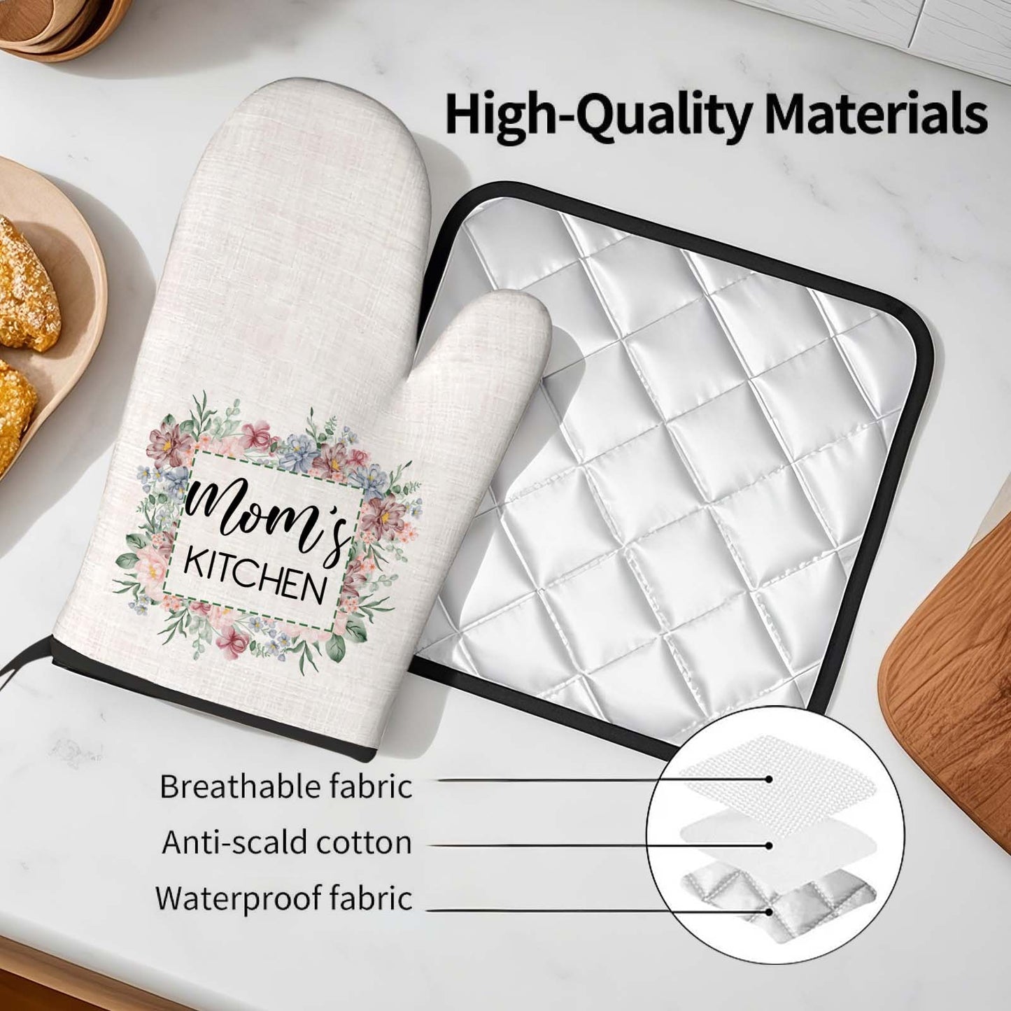 Set personalizzato di guanto da forno e presina isolanti con motivo floreale e testo – decorazione da cucina, idea regalo per la mamma