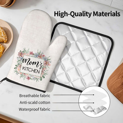 Set personalizzato di guanto da forno e presina isolanti con motivo floreale e testo – decorazione da cucina, idea regalo per la mamma