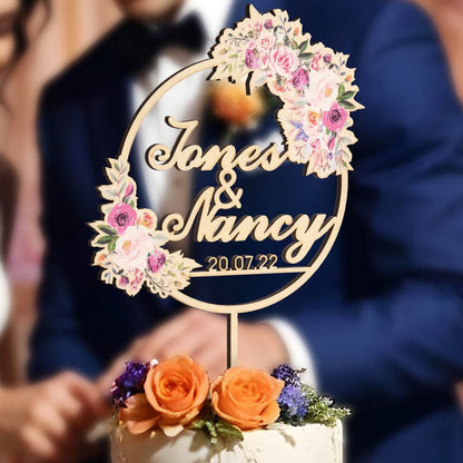 Cake Topper Matrimonio Personalizzato con Fiori Nome Sposi