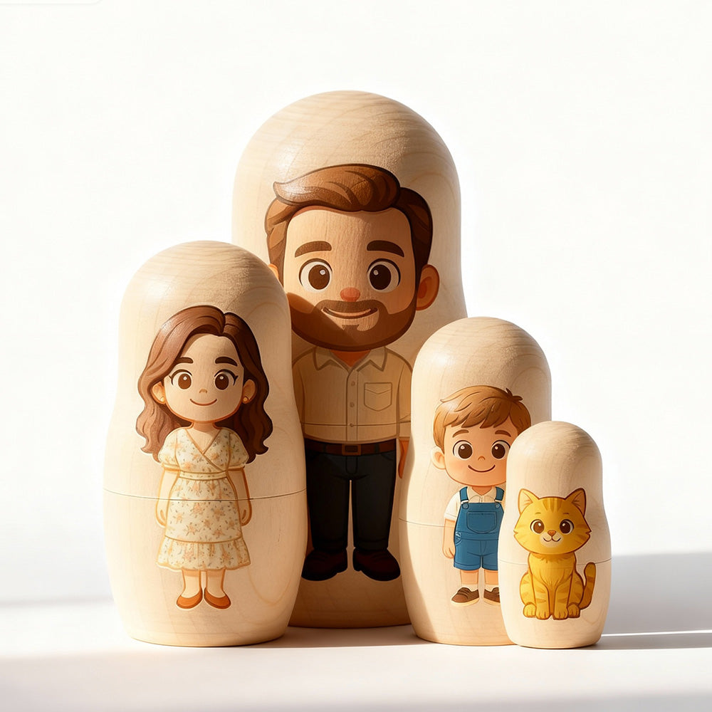 Matrioska di Famiglia Personalizzata: I Tuoi Ricordi in Stile Cartoon papà