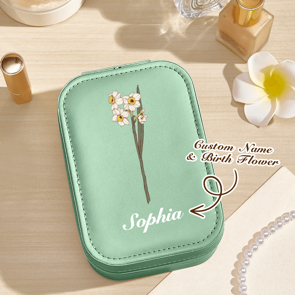 Portagioie Personalizzato con Fiore di Nascita e Specchio LED e Nome