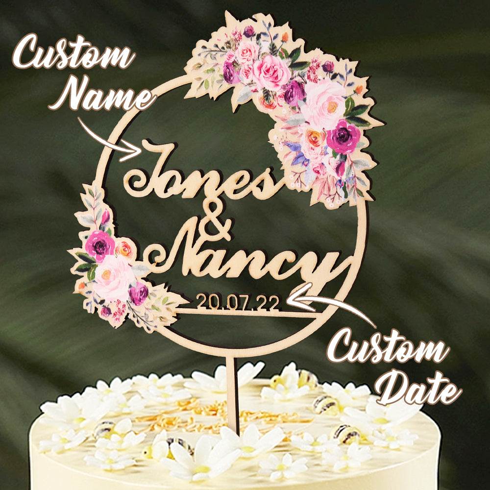 Cake Topper Matrimonio Personalizzato con Fiori Nome Sposi