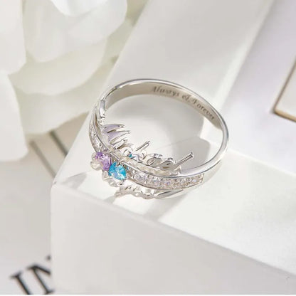 Anello Doppio Cuore con Pietre di Nascita e Nomi personalizzato - idea regalo Lei - Mamma