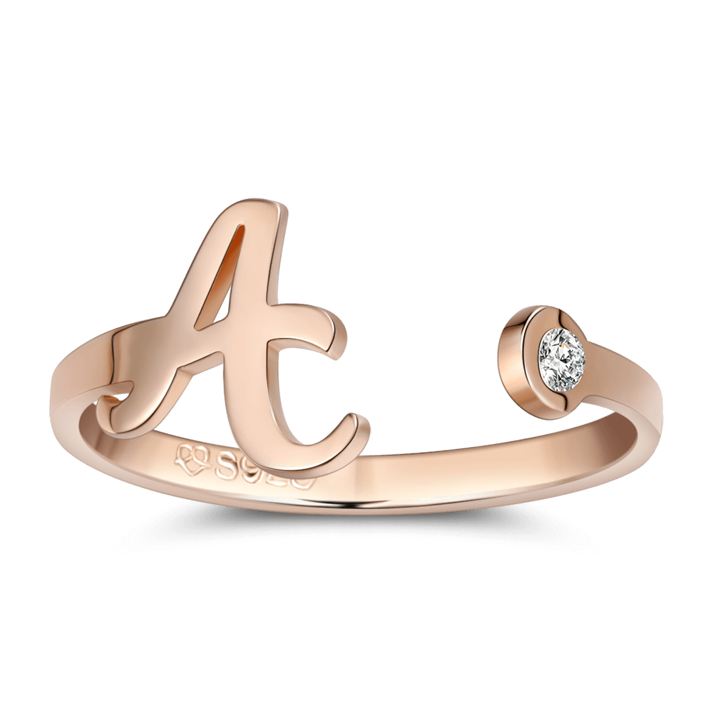 Anello Personalizzato con Iniziale e Pietra di Nascita – Argento 925 Placcato Oro Rosa – Regalo Unico e Raffinato