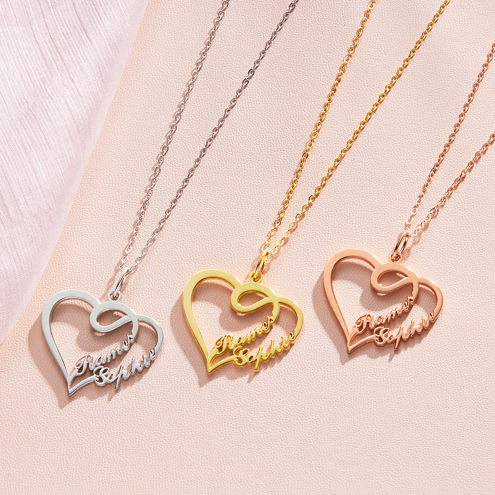 Collana personalizzata con due nomi e cuori intrecciati in argento sterling 925  - idea regalo festa della mamma