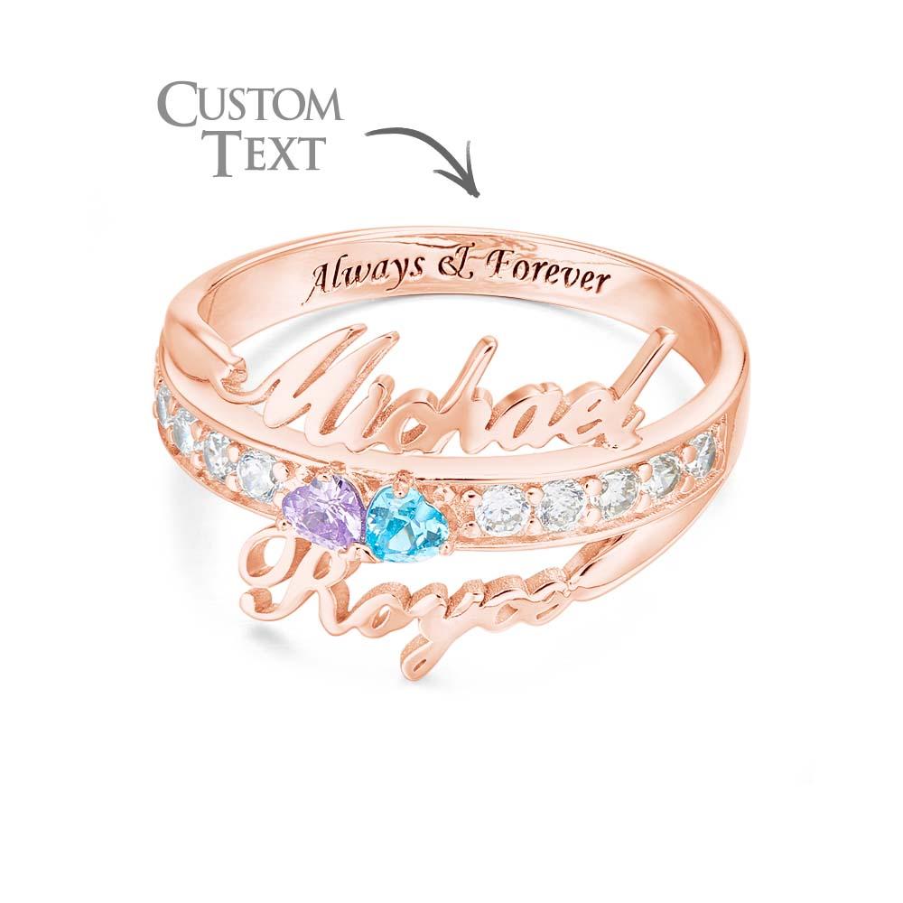 Anello Doppio Cuore con Pietre di Nascita e Nomi personalizzato - idea regalo Lei - Mamma
