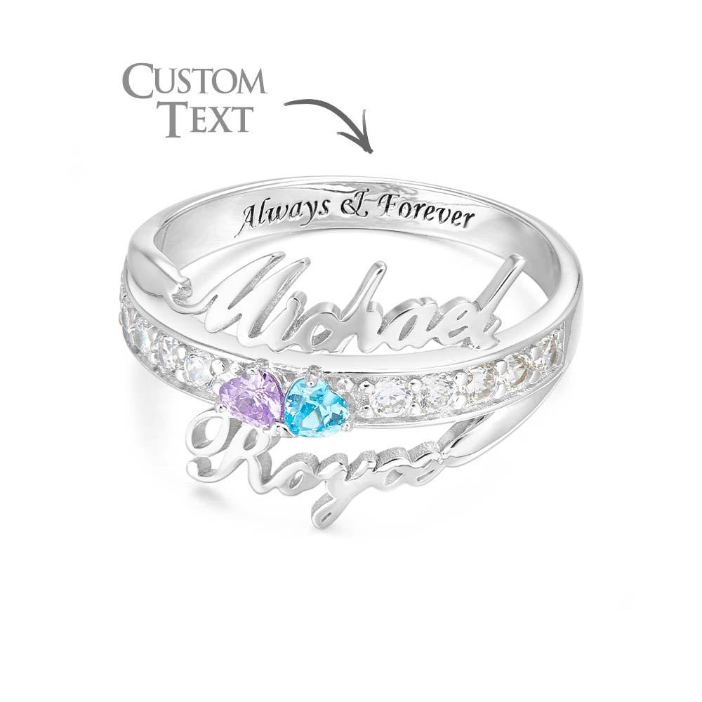 Anello Doppio Cuore con Pietre di Nascita e Nomi personalizzato - idea regalo Lei - Mamma