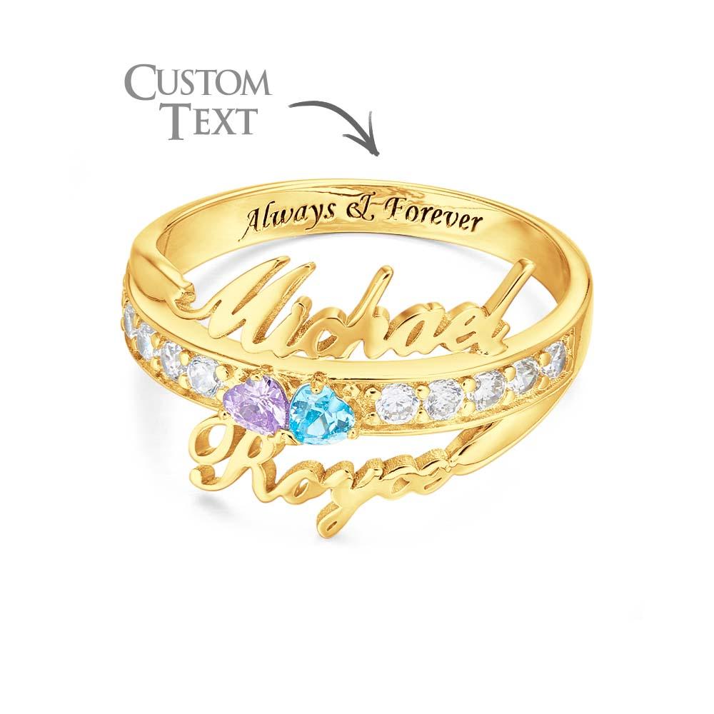 Anello Doppio Cuore con Pietre di Nascita e Nomi personalizzato - idea regalo Lei - Mamma