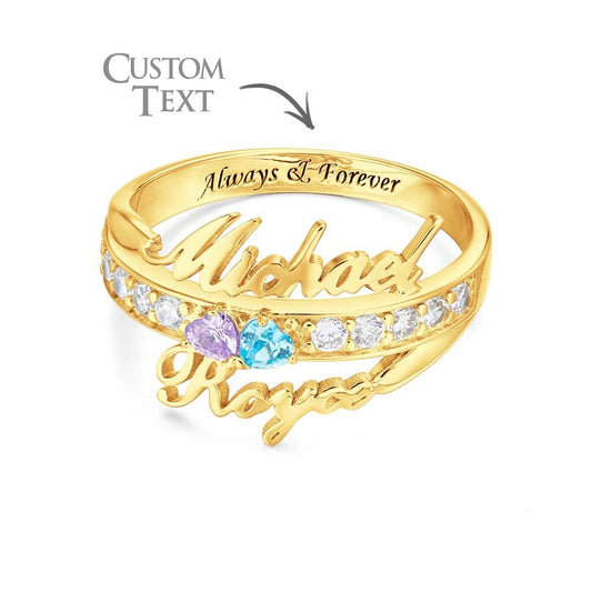 Anello Doppio Cuore con Pietre di Nascita e Nomi personalizzato - idea regalo Lei - Mamma