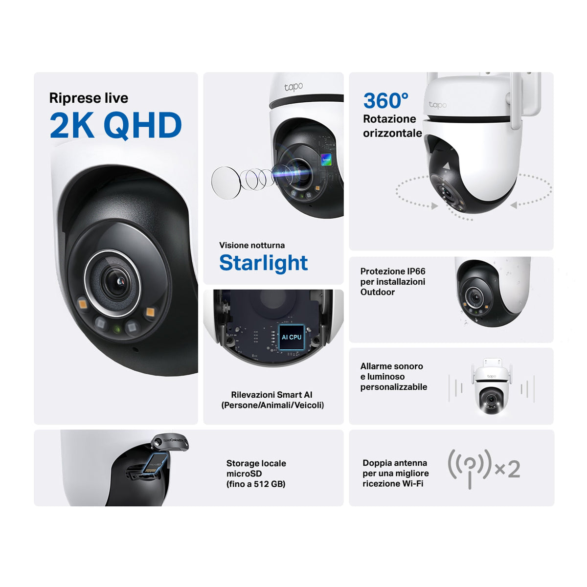 Tapo C520WS Telecamera WiFi Esterno 2K 4MP, Starlight, 360° PTZ, WiFi/Ethernet