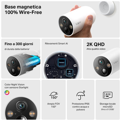 Tapo C425 Telecamera Wi-Fi Esterno a Batteria 2K 4MP, Visione Notturna a Colori, Base Magnetica, 4pz