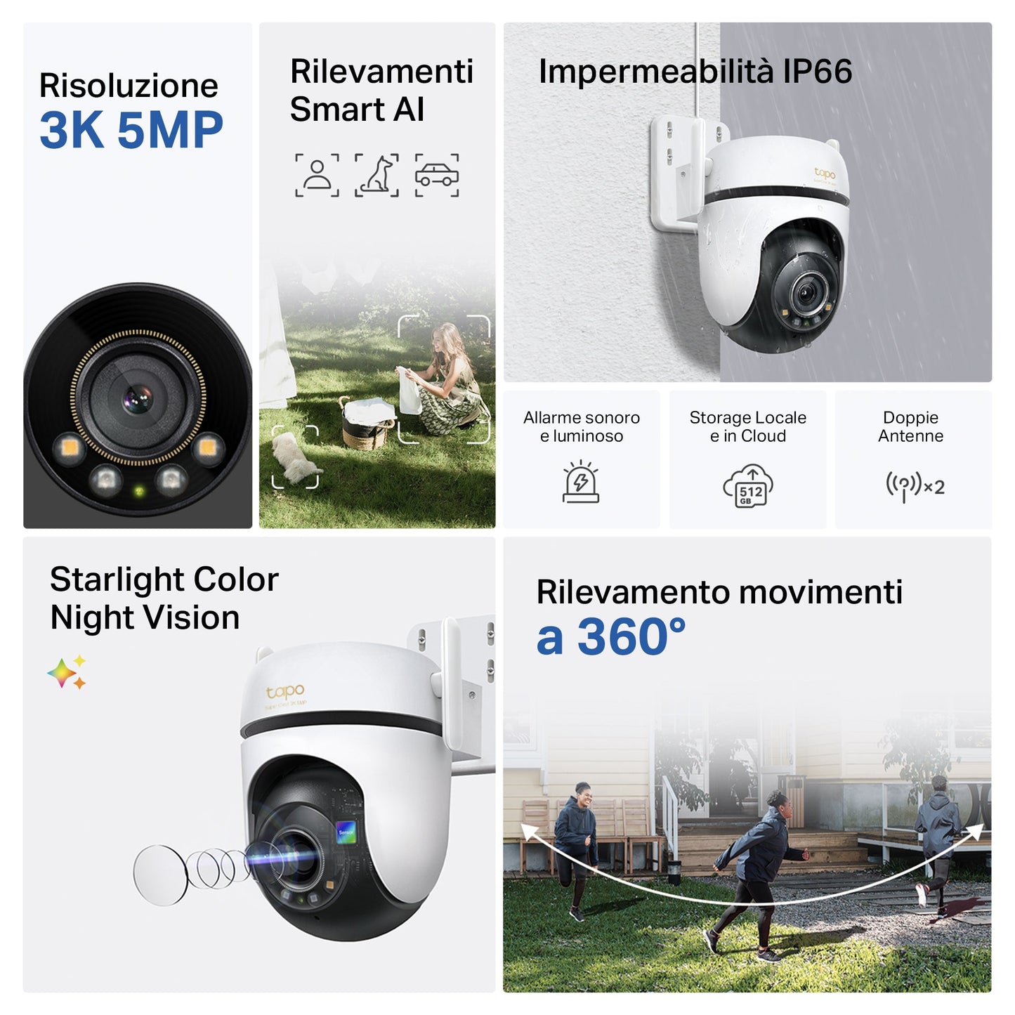 下架Tapo C530WS Telecamera Wi-Fi Esterno, 3K 5MP, 360° Visuale, Visione Notturna a Colori Starlight, Wi-Fi/Ethernet, 2pz, ⚠️Non a batteria