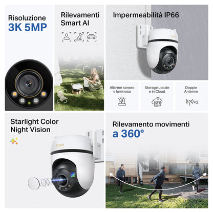下架Tapo C530WS Telecamera Wi-Fi Esterno, 3K 5MP, 360° Visuale, Visione Notturna a Colori Starlight, Wi-Fi/Ethernet, 2pz, ⚠️Non a batteria