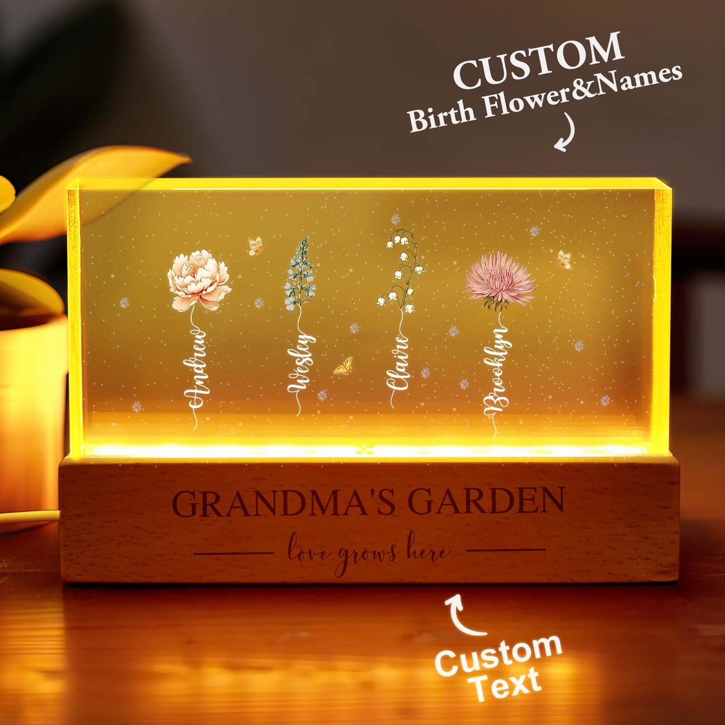 Lampada LED Giardino della Nonna con Fiori di Nascita Regalo Personalizzato