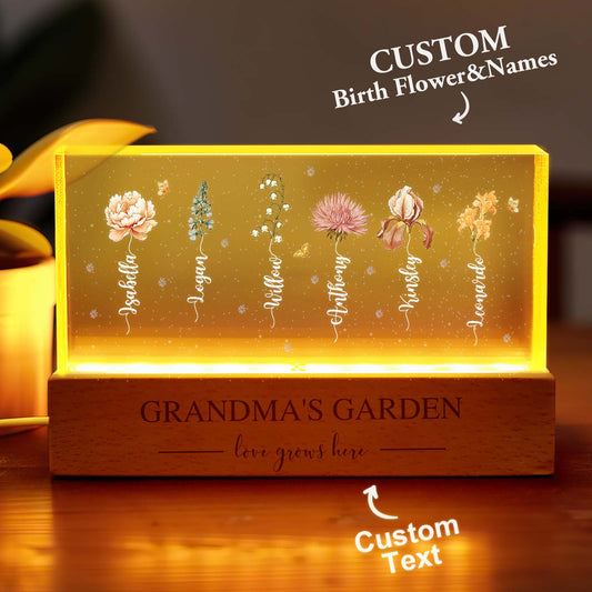 Lampada LED Giardino della Nonna con Fiori di Nascita Regalo Personalizzato