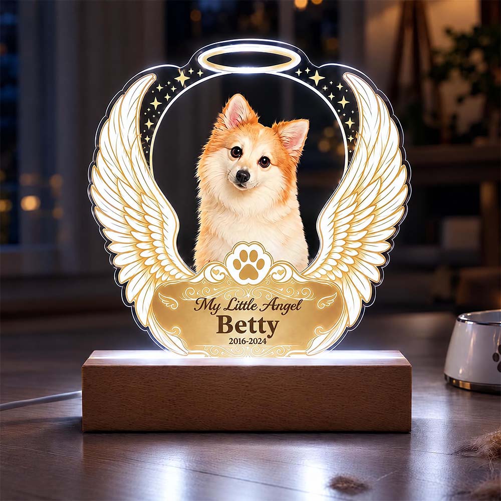 Lampada LED Ricordo Cane Gatto con Ali d'Angelo Foto Acrilico Plexiglass