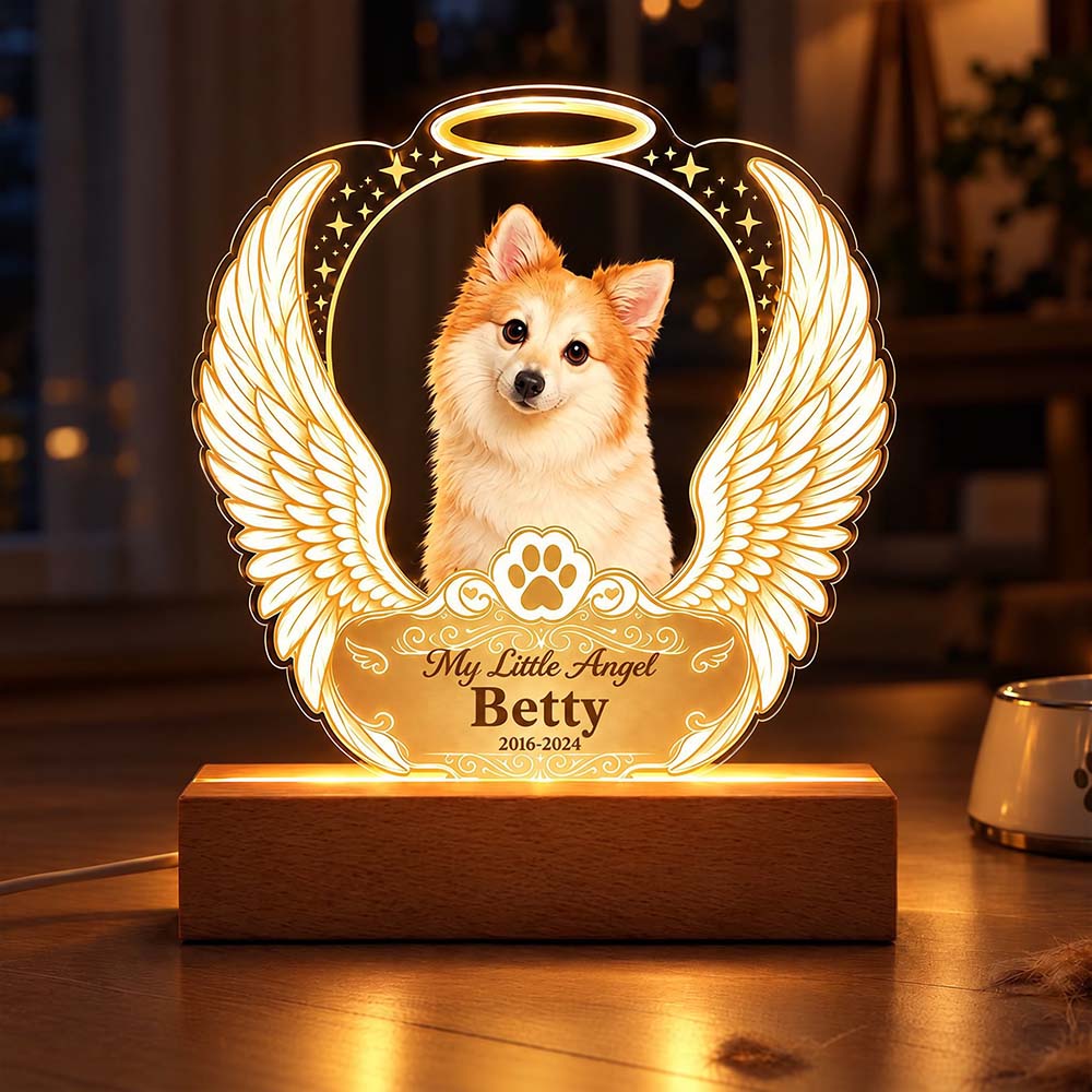 Lampada LED Ricordo Cane Gatto con Ali d'Angelo Foto Acrilico Plexiglass
