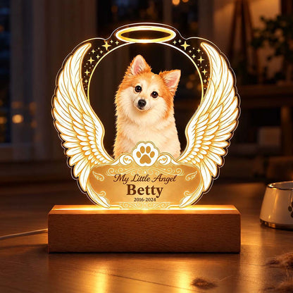 Lampada LED Ricordo Cane Gatto con Ali d'Angelo Foto Acrilico Plexiglass