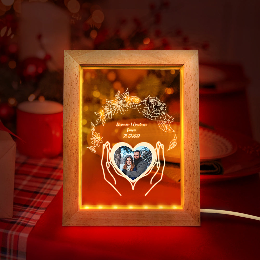 Lampada Cornice in Legno 3D con Foto e Fiori Luce Personalizzata